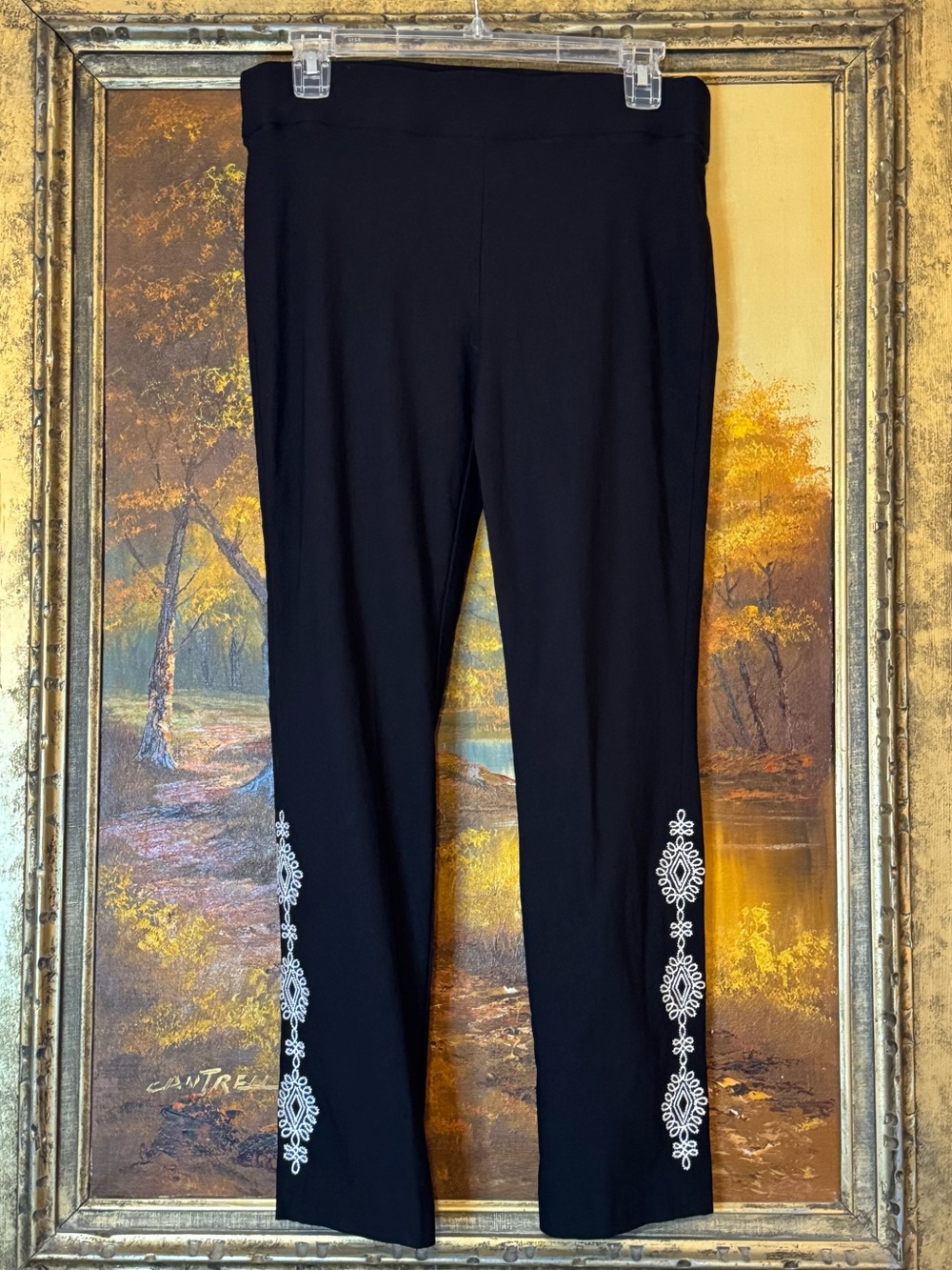 Attyre Black Straight Leg Pants with White Embroidered Trim